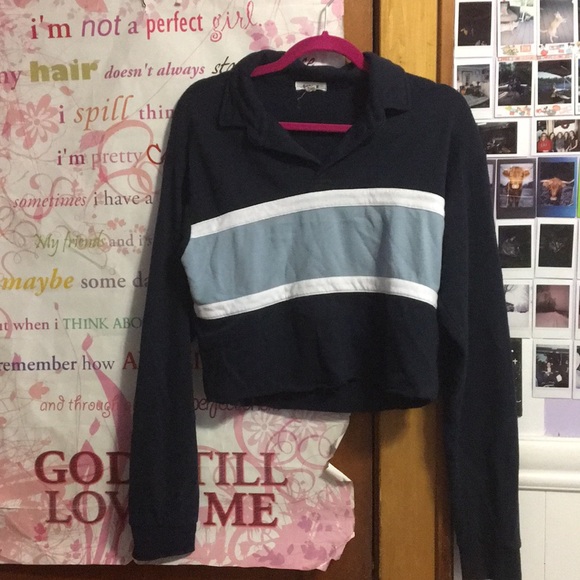 Navy blue, colour block, cropped polo. Long sleeve - Picture 1 of 1